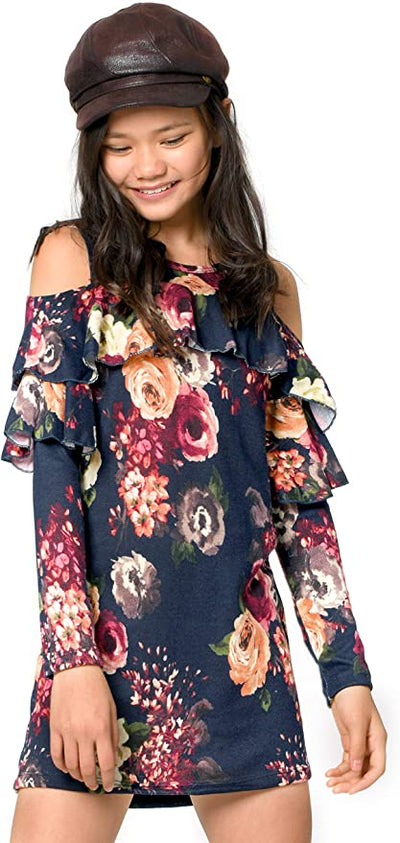 Big Girls Long Sleeve Cold Shoulder Floral Ruffle Dress Round neckline, easy pullover design Casual long sleeves with cold shoulder ruffle details Gorgeous vintage big rosette floral printed fabrication Right above the knee length Imported SELF: 100% Polyester, LINING: 97% Polyester, 3% Spandex Crinkled chiffon fabric with floral print and mettalic diamond shaped embellishing. Includes removable plaid collar with intricate stone work.