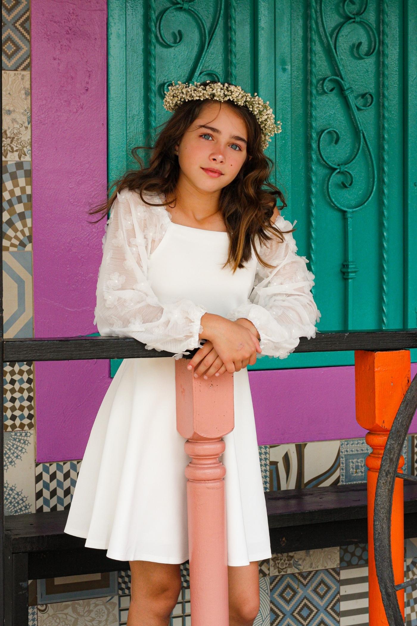 Big Girls 3D Floral Long Sleeve Skater Dress Wear two way style: on and off the shoulder neckline Elegant long sleeves made with floral embellished novelty fabric Flattering fit and flare silhouette High quality white scuba knit fabric Exposed back zipper Imported