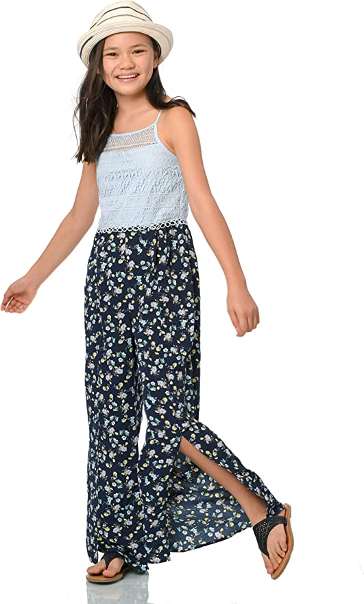 Little Girls Crochet Vintage Floral Split Leg Jumpsuit