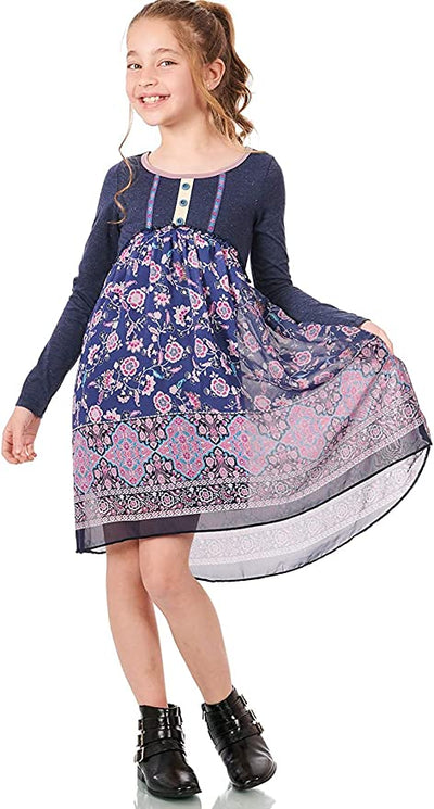 Truly Me Big Girls Bohemian Boarder Floral Print Dress  Scoop Round Neckline W/ Contrast Trim  Floral Detailed Trim & 3 Button Detail  Dusty Navy Heather Like Upper Half  Long Sleeves  Lettuce Ruffle Empire Waist   Bohemian Boarder Floral Print   Beautiful Colors Ranging from Pinks, Neutrals, and Blues  Semi High-Low Above Knee Length   Lined Skirt  100% Polyester  Imported