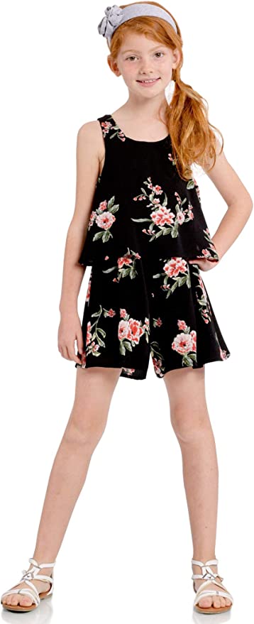 Big Girls Vintage Floral Print Romper  Scoop Neckline  Sleeveless  Vintage Floral Print   V Back Detail & Neck Tie  Truly Me designer and fashion forward little and big girls&