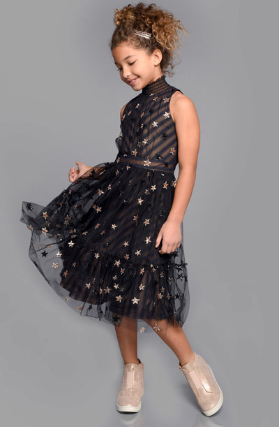 Little l Big Girls Sequin Star Mesh Halter Dress  Mock Smock Neck  Subtle Chevron Print   Sequin Stars All Over  Gathered Waist  Mesh  Ruffle Detail  The Perfect Party Dress or Halloween Dress for Wednesday Adams. 