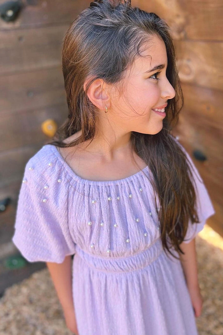 Girl’s Pearl Puff Sleeve Off The Shoulder Doll Dress