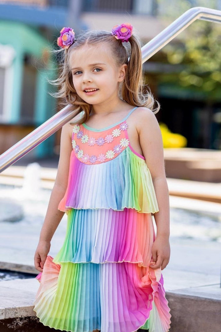 Little Girls Pleated Ruffle Tiered Rainbow Doll Dress