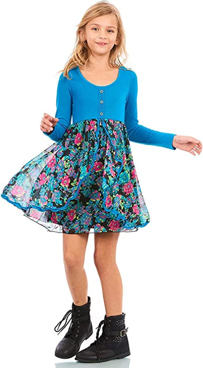 Big Girls Long Sleeve Floral Print Mini Dress  Rounded Scoop Neckline  3 Button Detail On Chest  Long Sleeves  Vibrant Hot Pink & Blue Floral Print  Lined Skirt   Mini Length Truly Me