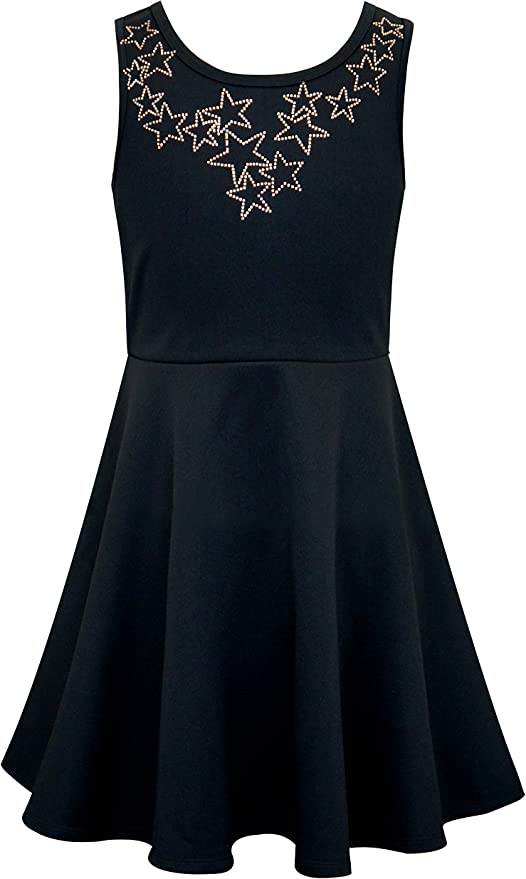 Big Girls Star Bib Skater Dress  Rounded Neckline  Sleeveless  Star Bib  Skate Dress  Hannah Banana designer girls' special occasion dresses created with your little girl in mind.  All dresses designed to be on trend so she can be her best and most confident at any event.  Special occasion dresses made with full attention to detail by using custom designed graphics, bold colors, and intricately placed embellishments.
