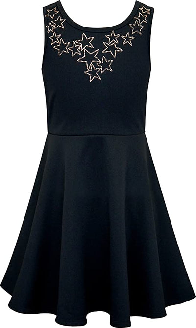 Big Girls Star Bib Skater Dress  Rounded Neckline  Sleeveless  Star Bib  Skate Dress  Hannah Banana designer girls' special occasion dresses created with your little girl in mind.  All dresses designed to be on trend so she can be her best and most confident at any event.  Special occasion dresses made with full attention to detail by using custom designed graphics, bold colors, and intricately placed embellishments.