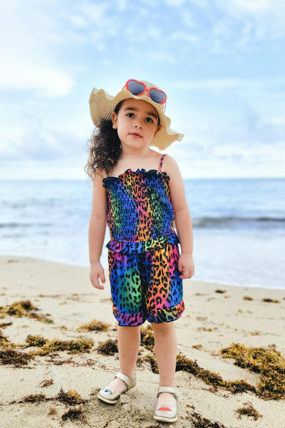 Girls Rainbow Animal Print Smocked Top Romper