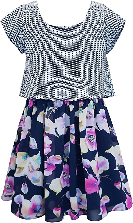 Little I Big Girls Abstract Watercolor Floral Dress  Scoop Neckline   Short Sleeves  Twofer Look:  Abstract Tunic Top & Floral Watercolor Bottom  Exposed Back Zipper