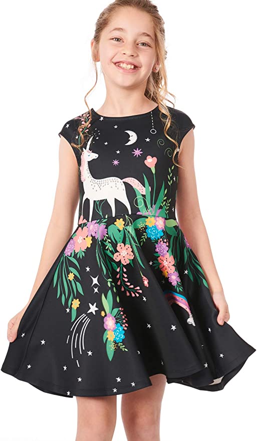 Round Neckline Short Cap Sleeve Fun Artsy Unicorn Shooting Star Rainbow Floral Print Back Exposed Zipper Above Knee Length Skater Dress SELF: 95% Polyester / 5% Spandex Sleeveless skater dress in high quality scuba. One-of-a-kind artwork with unicorn, space, and flowers done with sublimation printing.