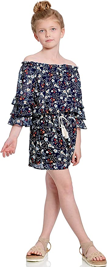Big Girls Ruffle Sleeve Floral Print Romper  Ruffled Elastic Boat Neck (Can be work on of off the shoulder!)  3/4 Tiered Ruffle Sleeves  Burgundy, Pink, and White Floral Print  Drawstring Tassel Tie Waistline   The perfect romper for all seasons.  SELF: 100% Polyester, LINING: 100% Polyester
