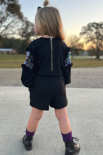 Little Girls Sequin Trimmed Long Sleeve Romper