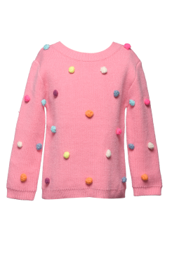 Little Girls Rainbow Pom Pom Knit Pullover  Round Neckline  Ribbed Neckline,Cuffs, and Trim  Colorful Rainbow Pom Poms  Thin Soft Knit 
