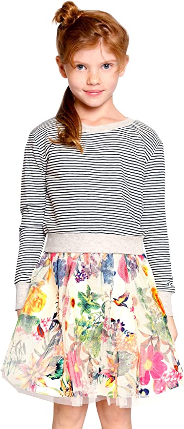 Girls Stripe Water Color Floral Twofer Tutu Dress  Round Neckline  Long Sleeves  Contrast Trim on Neckline, Cuffs, and Hem  Striped Pullover W/ Exposed Back Zipper  Vibrant Colorful Watercolor Mesh Tutu Floral Skirt