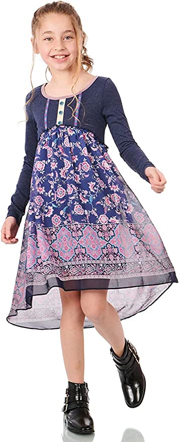 Truly Me Big Girls Bohemian Boarder Floral Print Dress  Scoop Round Neckline W/ Contrast Trim  Floral Detailed Trim & 3 Button Detail  Dusty Navy Heather Like Upper Half  Long Sleeves  Lettuce Ruffle Empire Waist   Bohemian Boarder Floral Print   Beautiful Colors Ranging from Pinks, Neutrals, and Blues  Semi High-Low Above Knee Length   Lined Skirt  100% Polyester  Imported