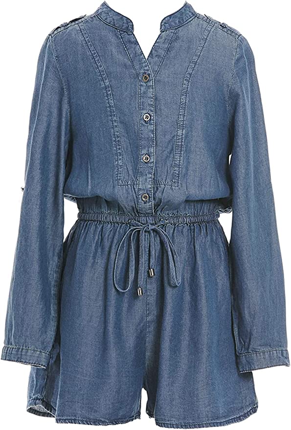 TRULY ME Big Girls Denim Long Sleeve Romper  Mandarin Collar V Neckline  Button Details Down Front Torso  Long Sleeves That Can Be Rolled Up  Elastic Waistline  Perfect Material for all Seasons: Spring,Summer,Fall, and Winter Romper.  50% Cotton / 50% Lyocell  Long sleeve chambray denim romper with many intricate details. Fabric is a super soft, cooling, and high quality woven.