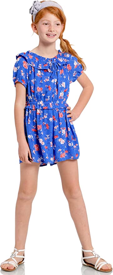 Big Girl’s Ruffle Vintage Floral Print Romper  Elastic Boat Neck With Ruffle Trim Or Off The Shoulder  Short Puff Sleeve   Elastic Waistline With Ruffle  Detail  Vintage Retro Rose Floral Print  Truly Me designer and fashion forward little and big girls' rompers created with your little girl in mind.  All rompers designed to be on trend so she can be her best and most confident in the latest styles.