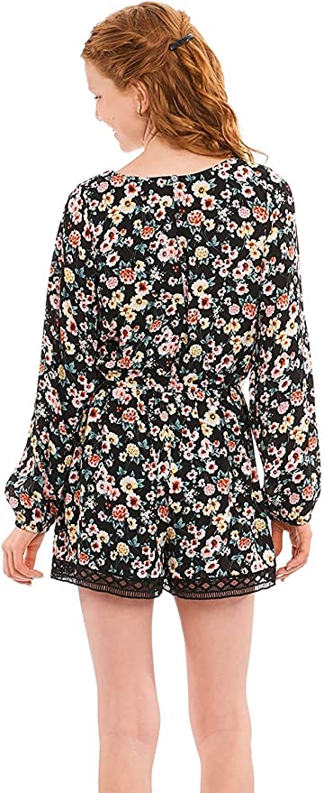 Big Girls Boho Chic Floral Print Romper  Round Neckline  Long Sleeves  Elastic Waistline  Darling Busy Retro Vintage Floral Print  Diamond Striped Embroidered Trim On Short Portions  Back Button Closure  100% Polyester  SELF: 100% Polyester / LINING: 100% Polyester  Adorable and easy long sleeve romper with lattice lace detail at short hems.