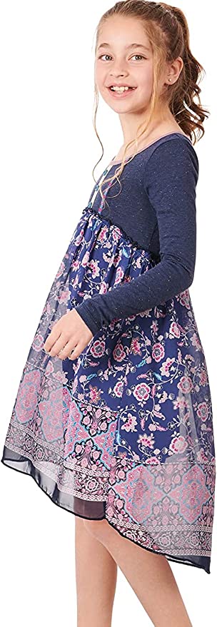 Truly Me Big Girls Bohemian Boarder Floral Print Dress  Scoop Round Neckline W/ Contrast Trim  Floral Detailed Trim & 3 Button Detail  Dusty Navy Heather Like Upper Half  Long Sleeves  Lettuce Ruffle Empire Waist   Bohemian Boarder Floral Print   Beautiful Colors Ranging from Pinks, Neutrals, and Blues  Semi High-Low Above Knee Length   Lined Skirt  100% Polyester  Imported