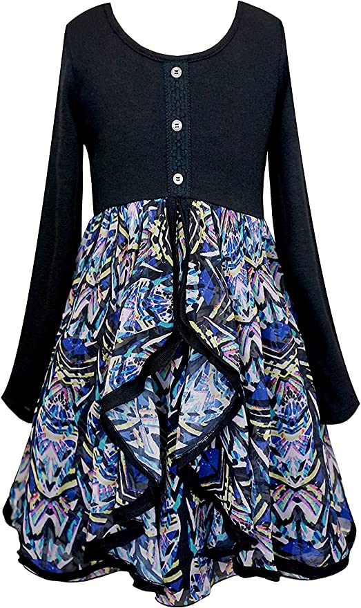 Truly Me Big Girls Geometric Abstract Print Dress  Scoop Round Neckline  Long Sleeves  3 Button Detail W/ Trim Accent   Vibrant Colorful Abstract Print  Tiered Front Ruffle Skirt Portion  Mixed Media