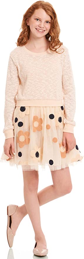 Little Big Girls Twofer Fit & Flair Daisy Dress  Mixed Media Two-fer  Heathered Like Upper  Roud Neckline  Long Sleeves  Tutu Skirt Bottom  Polka Dot & Daisy Floral Print  A Perfect Everyday Dress!