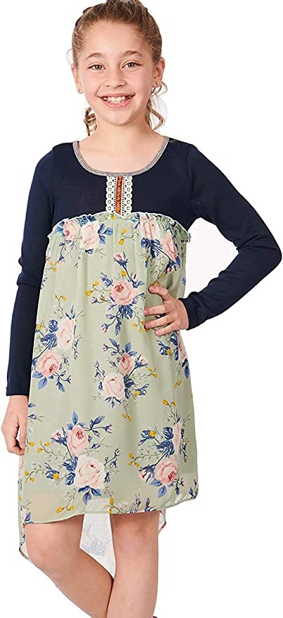Truly Me Big Girls Boho Chic Floral High Low Dress  Scoop Round Neckline With Contrast Trim  Center Chest Lace Crochet Trim  Lettuce Ruffle Empire Waist  Pink, Blue and Mustard Yellow Floral Print   Navy Upper & Dusty Green Lower Dress  High Low Detail  Lined Skirt Portion  100% Polyester  Hand Wash Only