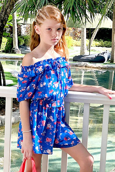 Big Girl’s Ruffle Vintage Floral Print Romper  Elastic Boat Neck With Ruffle Trim Or Off The Shoulder  Short Puff Sleeve   Elastic Waistline With Ruffle  Detail  Vintage Retro Rose Floral Print  Truly Me designer and fashion forward little and big girls' rompers created with your little girl in mind.  All rompers designed to be on trend so she can be her best and most confident in the latest styles.