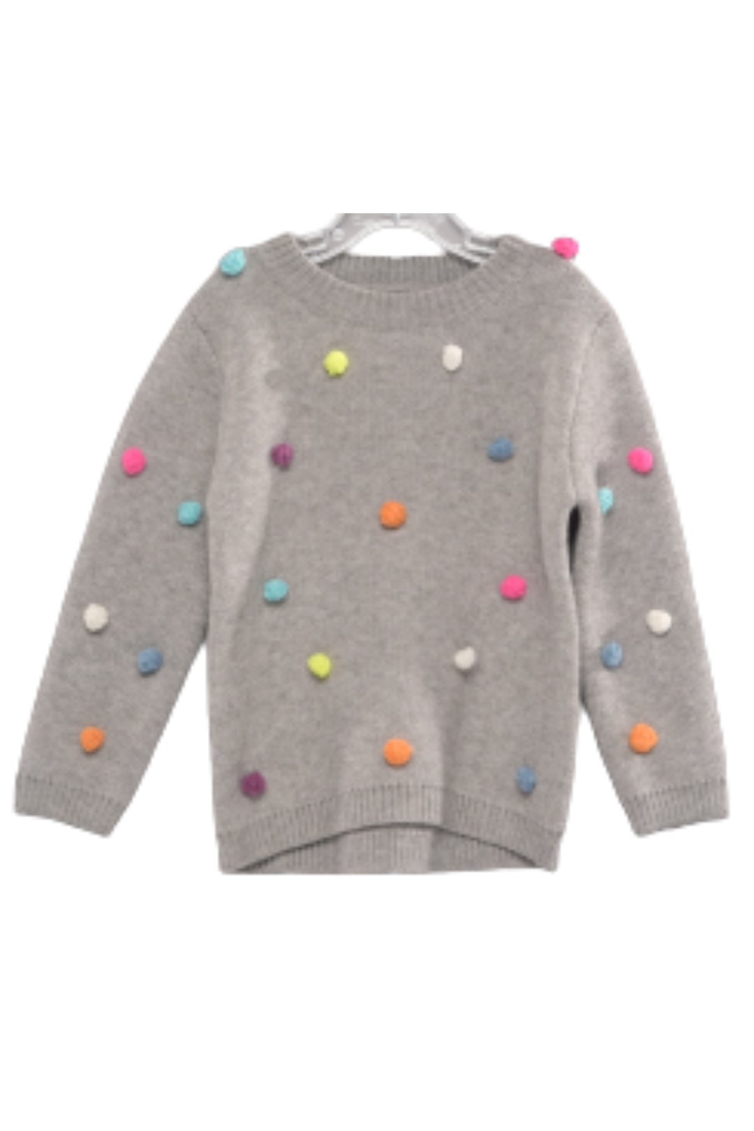 Little Girls Rainbow Pom Pom Knit Pullover  Round Neckline  Ribbed Neckline,Cuffs, and Trim  Colorful Rainbow Pom Poms  Thin Soft Knit 