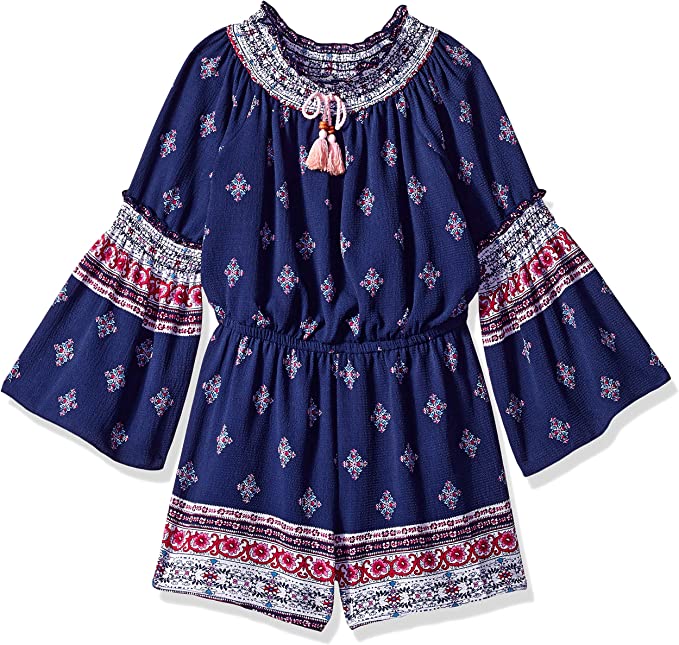Big Girls Bohemian Boarder Print Romper  Round Smocked Elastic Neckline  Beaded Tassel Tie Detail  3/4 Sleeves With Smocked Elbow Semi Flared Sleeves  Elastic Waistline   Floral Bohemian Boarder Print Details All Over Print  Perfect Tones for All Seasons: Spring,Summer, Fall, and Winter Romper  SELF: 96% Polyester / 4% Spandex, LINING: 100% Polyester