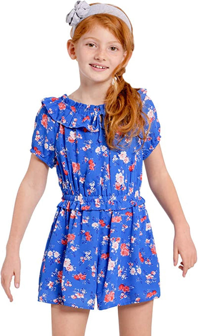 Big Girl’s Ruffle Vintage Floral Print Romper  Elastic Boat Neck With Ruffle Trim Or Off The Shoulder  Short Puff Sleeve   Elastic Waistline With Ruffle  Detail  Vintage Retro Rose Floral Print  Truly Me designer and fashion forward little and big girls' rompers created with your little girl in mind.  All rompers designed to be on trend so she can be her best and most confident in the latest styles.