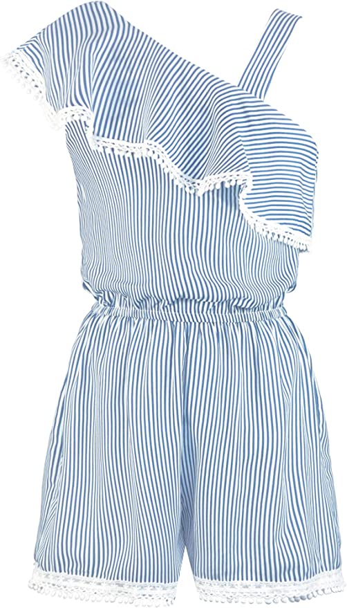 Big Girls Asymmetric Stripe One Shoulder Romper   Ruffle Asymmetric One Shoulder & Strap  Lace Crochet Trim  Elastic Waistline  Vibrant Color Block Stripes: Navy & Off White   A Darling Romper For A Summer Vacation or Beach Outing.   Truly Me designer and fashion forward little and big girls&