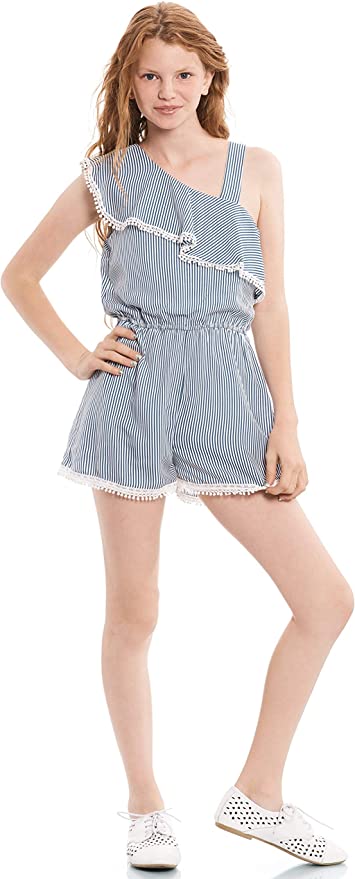 Big Girls Asymmetric Stripe One Shoulder Romper   Ruffle Asymmetric One Shoulder & Strap  Lace Crochet Trim  Elastic Waistline  Vibrant Color Block Stripes: Navy & Off White   A Darling Romper For A Summer Vacation or Beach Outing.   Truly Me designer and fashion forward little and big girls' rompers created with your little girl in mind.  All rompers designed to be on trend so she can be her best and most confident in the latest styles.