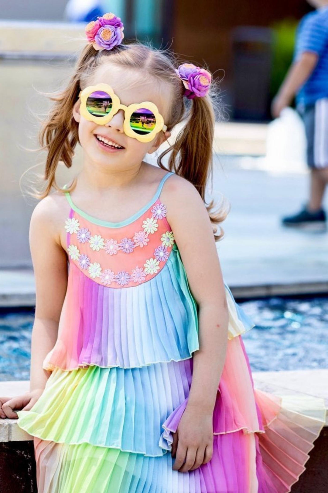 Little Girls Pleated Ruffle Tiered Rainbow Doll Dress