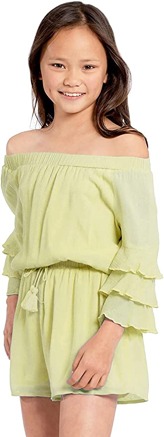 Big Girls Ruffle Sleeve Sage Green Romper  Ruffled Elastic Boat Neck (Can be work on of off the shoulder!)  3/4 Tiered Ruffle Sleeves  Drawstring Tassel Tie Waistline   The perfect romper for all seasons.   SELF: 100% Rayon, LINING: 100% Polyester  A versatile romper that can be worn on and off the shoulder. Made in high quality rayon gauze fabrication. Lining is a super soft lightweight knit.