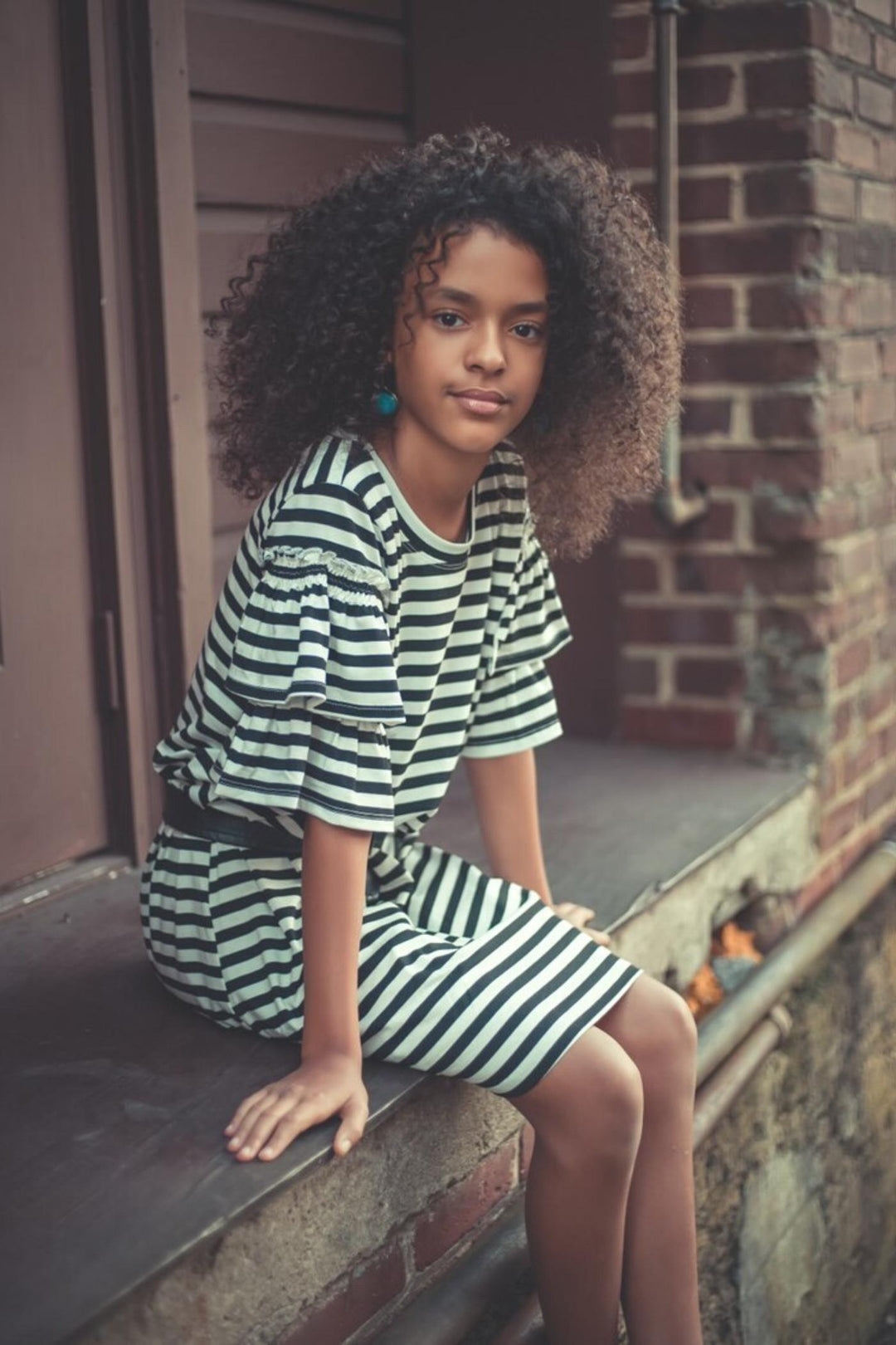 Big Girls Ruffle Short Sleeve Striped Knit Dress