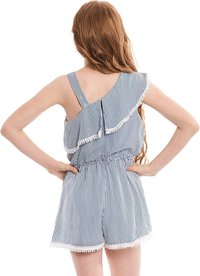 Big Girls Asymmetric Stripe One Shoulder Romper   Ruffle Asymmetric One Shoulder & Strap  Lace Crochet Trim  Elastic Waistline  Vibrant Color Block Stripes: Navy & Off White   A Darling Romper For A Summer Vacation or Beach Outing.   Truly Me designer and fashion forward little and big girls' rompers created with your little girl in mind.  All rompers designed to be on trend so she can be her best and most confident in the latest styles.