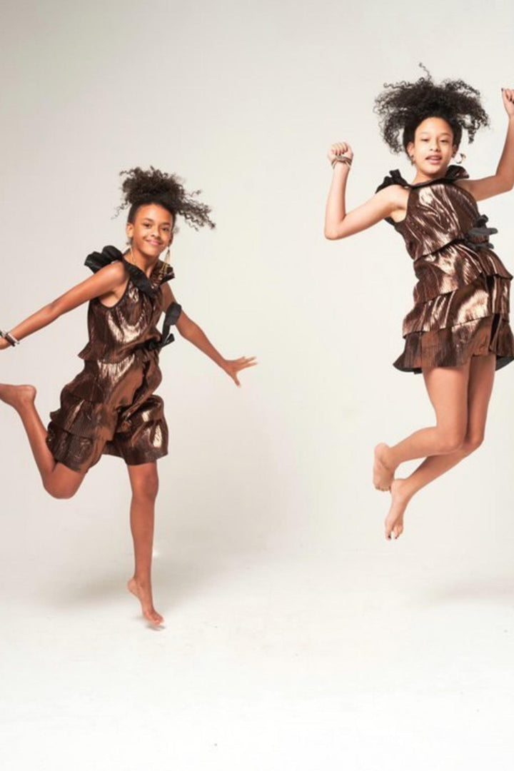 Girls Gold Metallic Pleated Party Dress