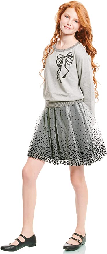 Big Girls Bow Polka Dot Twofer Dress  Rounded/Semi Boat Neckline  Long Sleeves  Stripe Contrast Trim on Neck, Cuffs, and Hem  Bow Rhinestone Graphic Print on Chest  Color Block Gradient Polka Dot  Lined Interior Skirt  A Perfect Everyday Dress or Semi Dressy.   