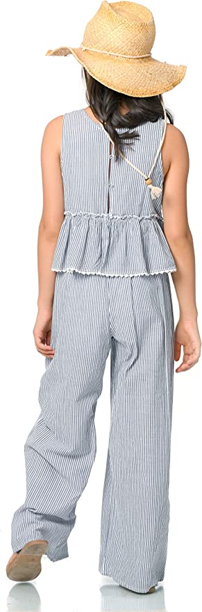 Little Girls Boho Striped Straight Leg Jumpsuit  Rounded/ Scoop Neckline  Sleeveless   Pinstripe All Over Print  Lettuce Ruffle Empire Waist  Scallop Crochet Off White Trim on Neckline & Ruffles  Wide Straight Leg  A Great jumpsuit for All Seasons: Spring, Summer, Fall, and Winter.  The Perfect Jumpsuit to wear as is or layer up for colder seasons. 