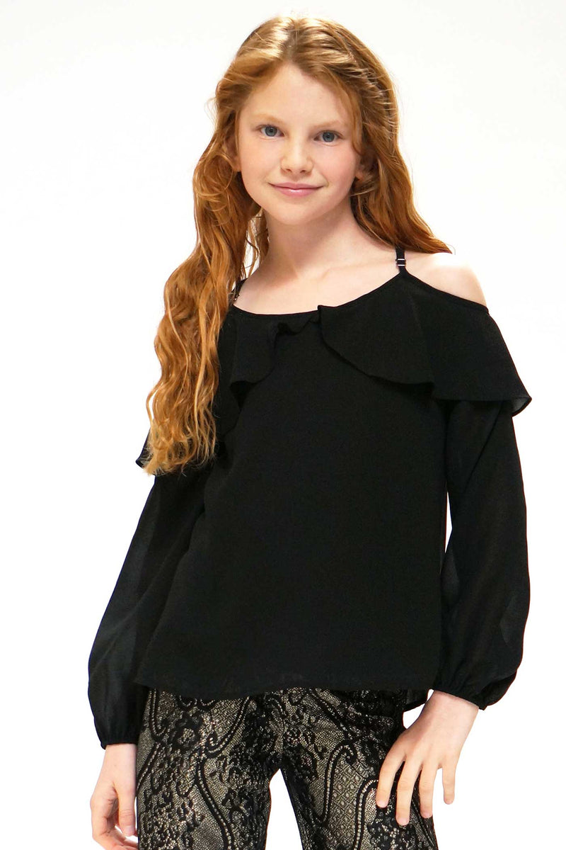 Hannah Banana Big Girls Ruffled Cold Shoulder Long Sleeve Chiffon Blouse