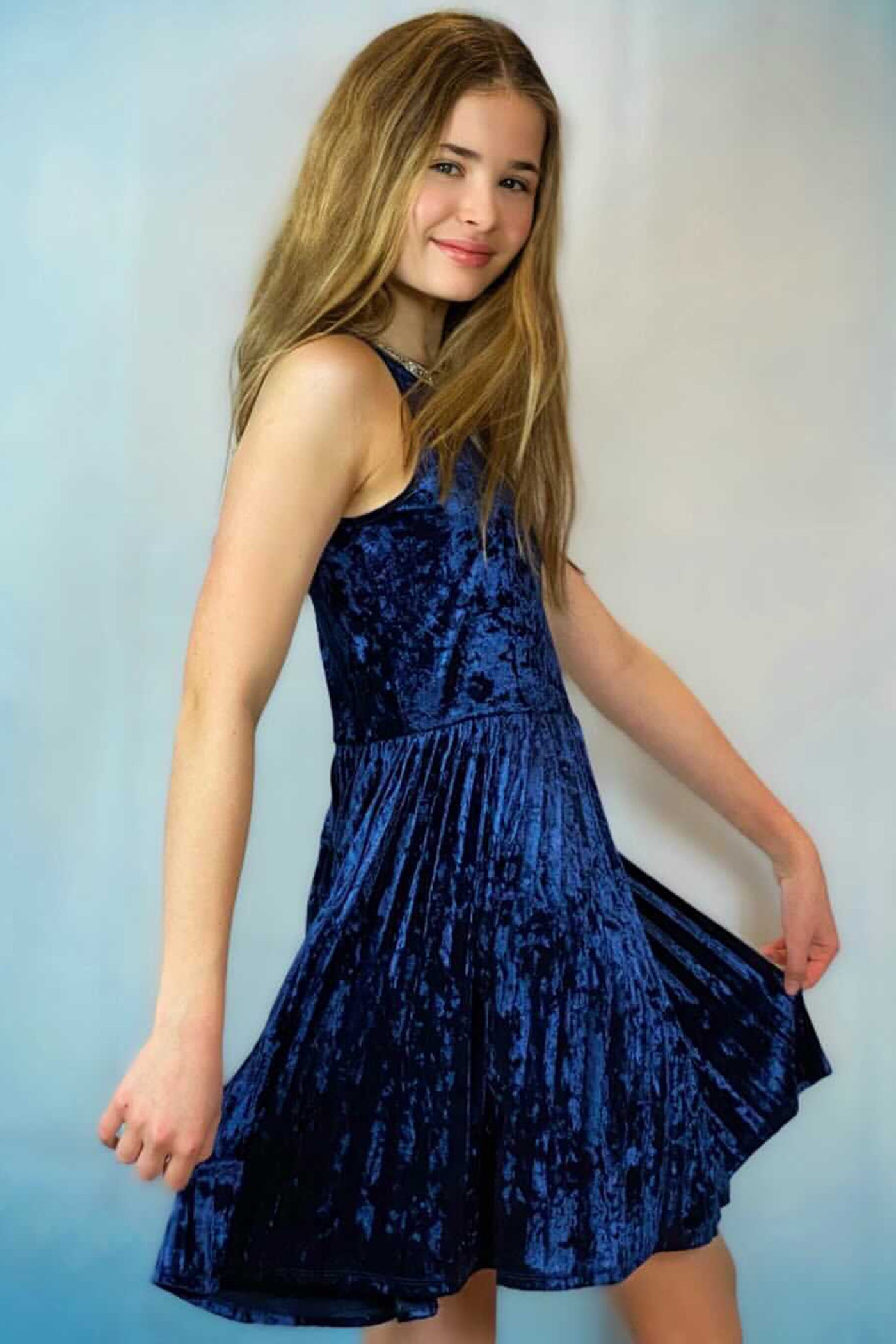 Hannah Banana Big Girls Halter Neck Pleated Velvet Party Dress