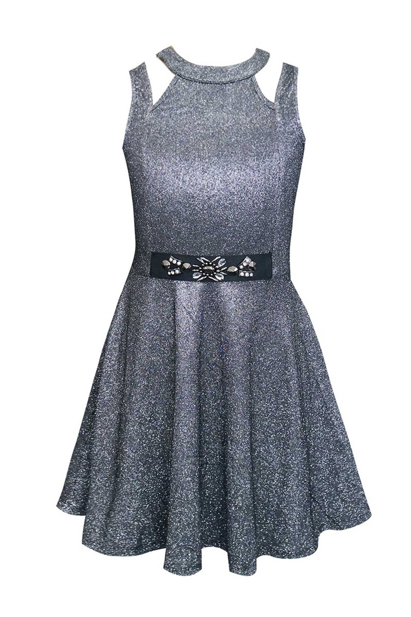 Hannah Banana Girls Halter Neck Fit and Flare Metallic Party Dress