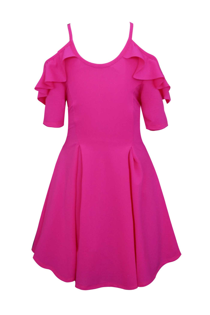 Girls Ruffled Cold Shoulder Fit and Flare Dress