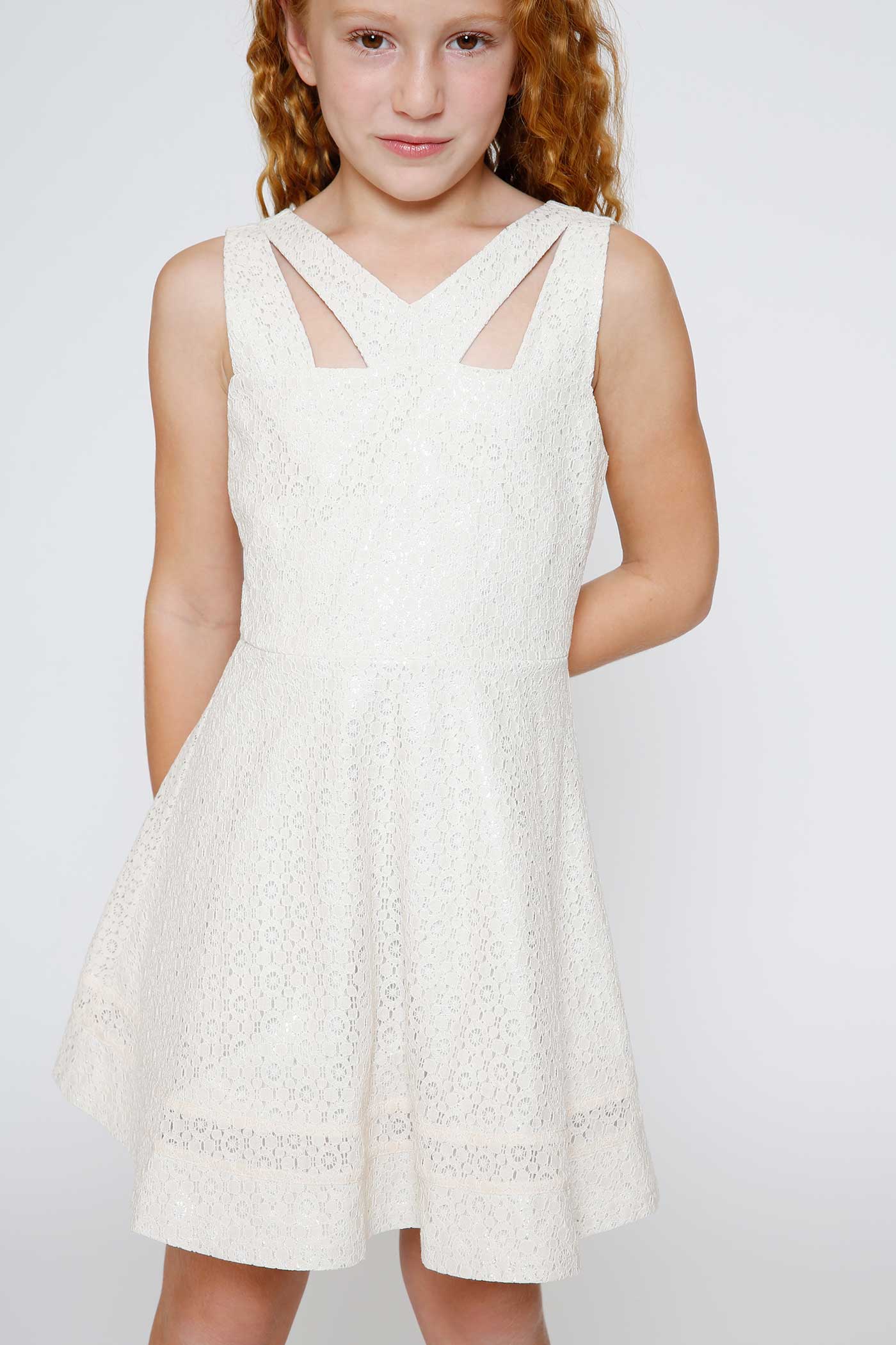 Hannah Banana Big Girls V Neck Sleeveless Fit and Flare Lace Dress