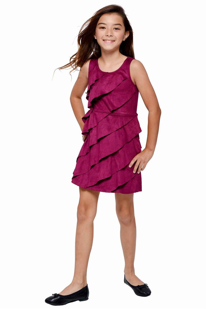 Girls Asymmetrical Ruffle Tiered Sleeveless Suede Dress Round neck Stylish asymmetrical ruffle highlighted design Back zipper closure Fancy faux suede fabrication Right above the knee length Perfect dress for fall or winter holiday festivities.  Imported