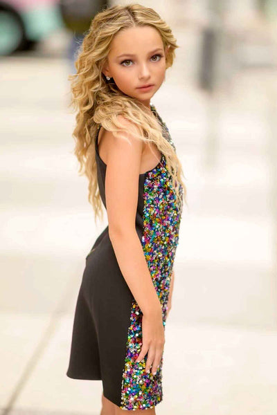 Girls Rainbow Asymmetrical Shoulder Sequin Party Dress