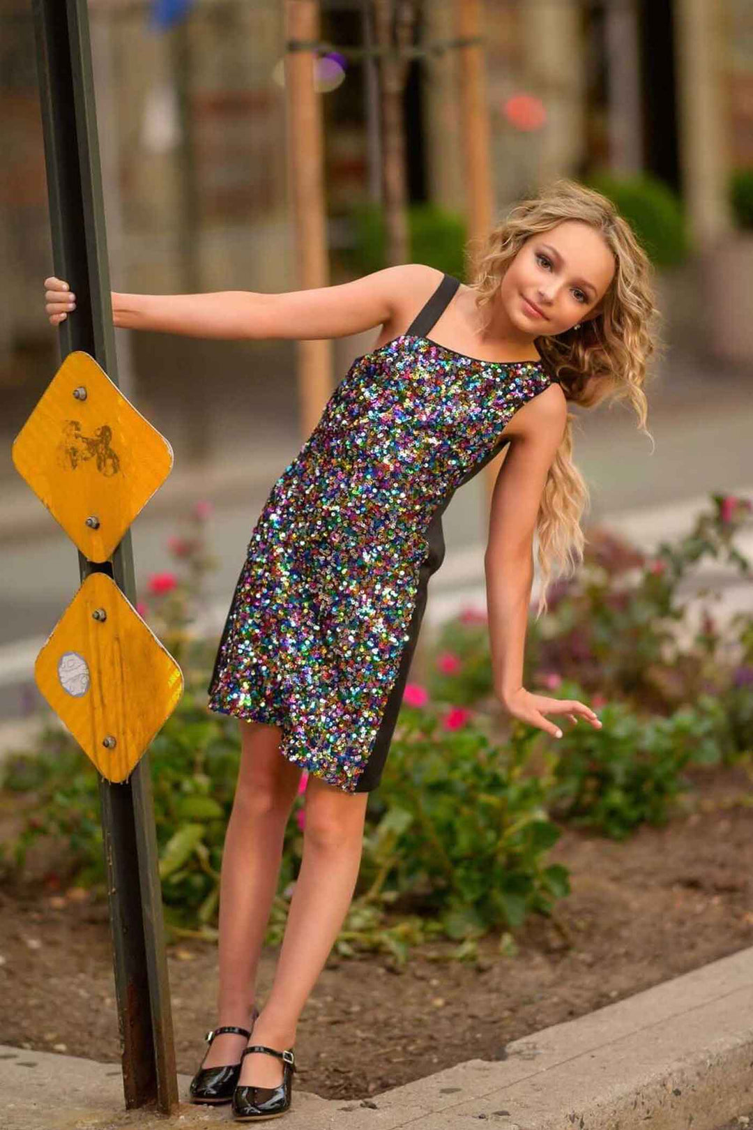 Girls Rainbow Asymmetrical Shoulder Sequin Party Dress