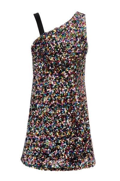 Hannah Banana multi color sequin one shoulder holiday party dress