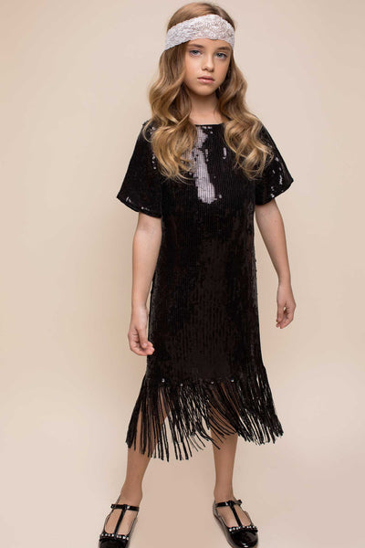 Hannah Banana short sleeve 20s retro style sequin fringe party dress