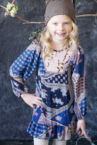 Hannah Banana Girls Boho Style Long Sleeve Floral Chiffon Dress